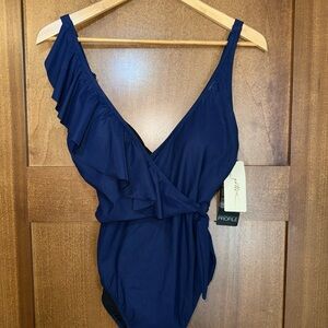 Profile By Gottex Womens Size 8 Navy 1 Piece Swimsuit  V Neck Tummy‎ Control NEW